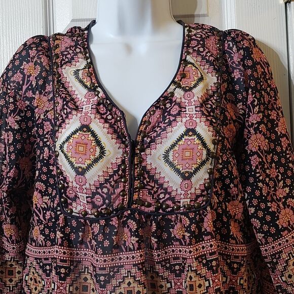 Tantrums  navy mauve boho aztec sheer style  long sleeve blouse  Sz S - Picture 3 of 7